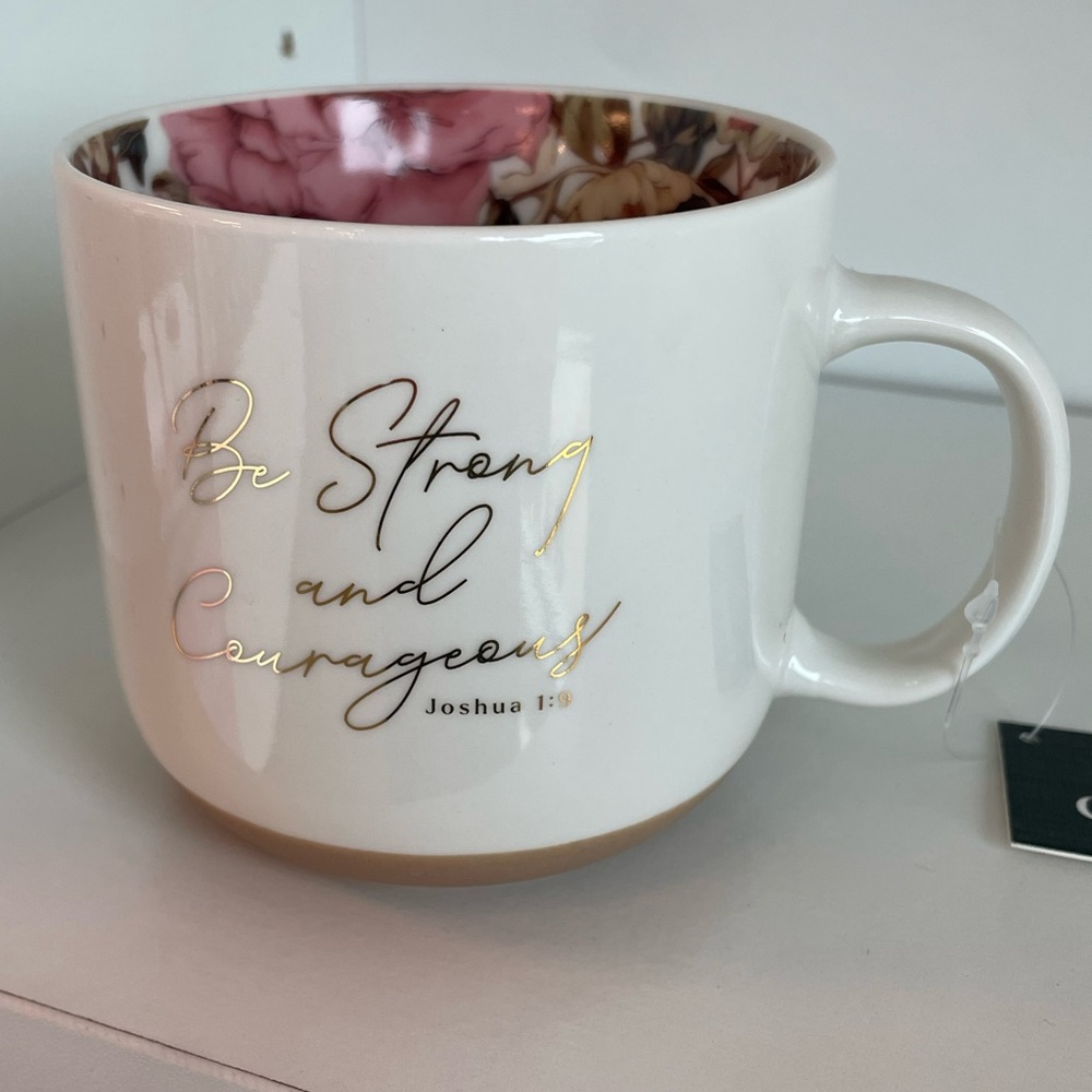 Inspirational Floral-Interior Ceramic Mug - "Be Strong and Courageous" - NWT